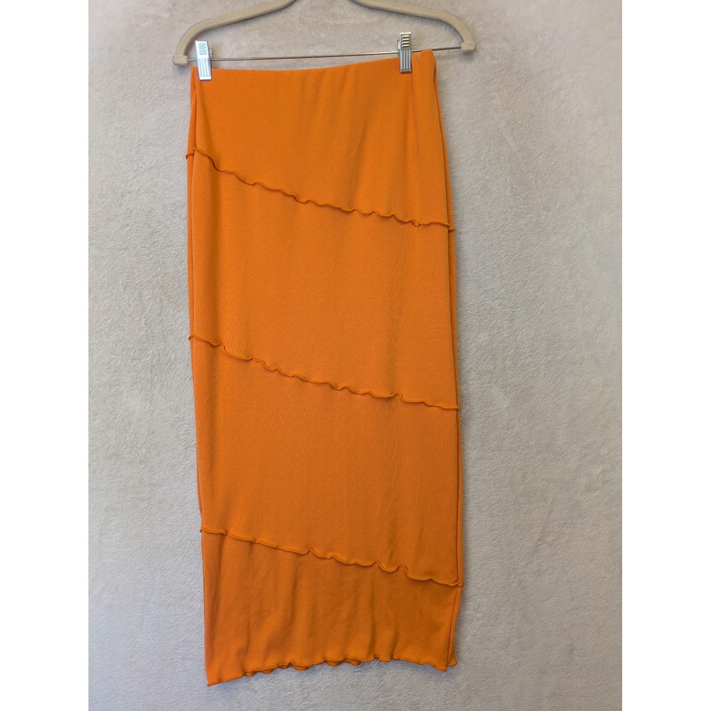 SHEIN Tiered Lettuce Edge Midi Skirt Women's Petite L Orange Ribbed Knit Slim